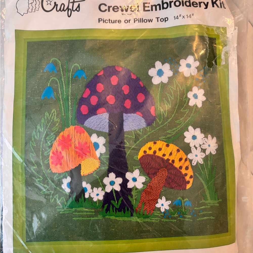 SOLD - Crewel embroidery kit Mushroom trio - brand new!